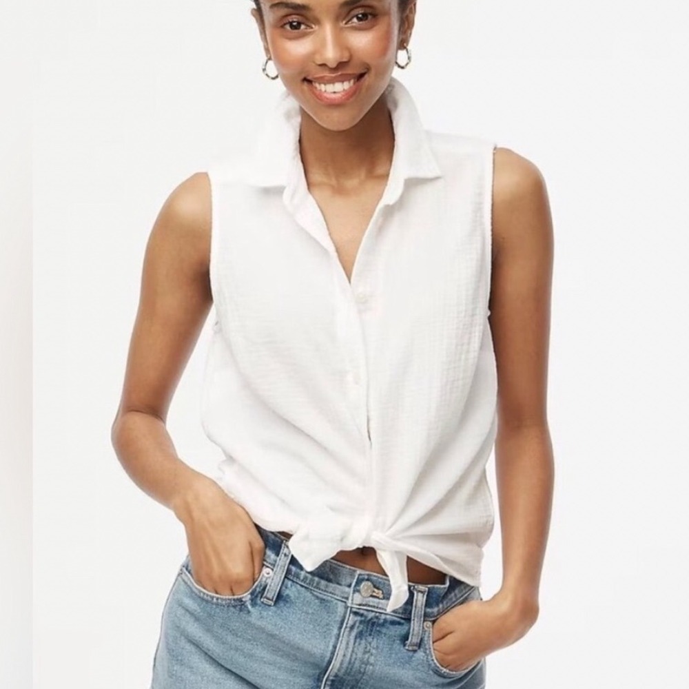 New J.Crew Womens XXL White‎ Gauze Cotton Sleeveless Button Down Tie Front CA076